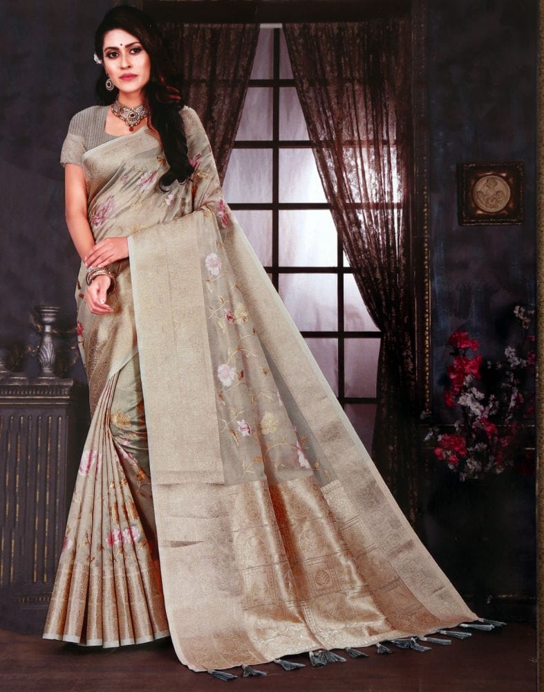 Light Grey Floral Embroidery work Kota Saree