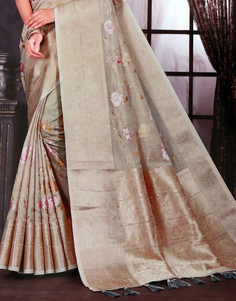 Light Grey Floral Embroidery work Kota Saree