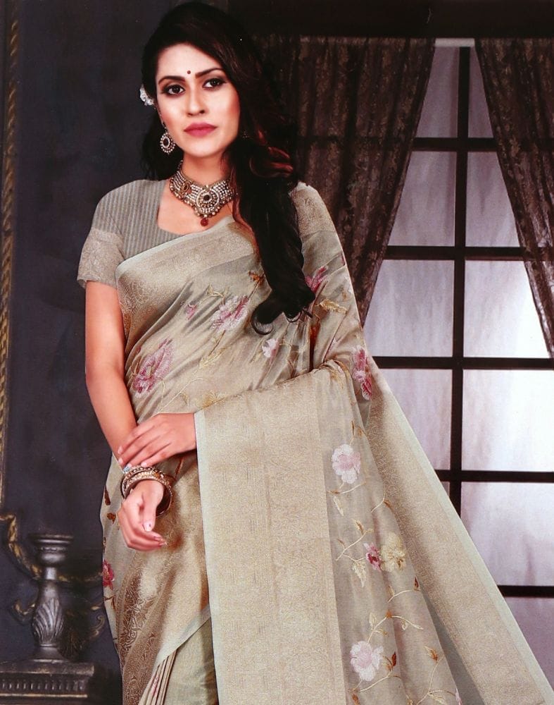 Light Grey Floral Embroidery work Kota Saree