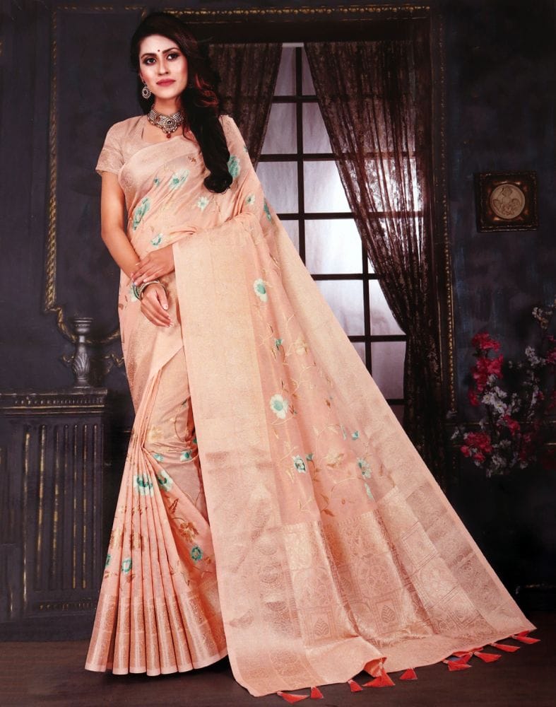 Light Orange Floral Embroidery work Kota Saree