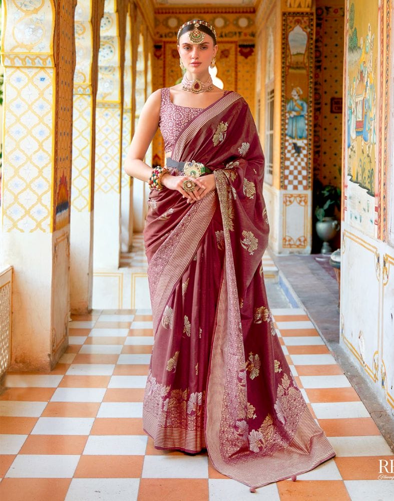 Collection of Maroon Floral Mica Print work Banaras Fancy Saree in a gallery layout