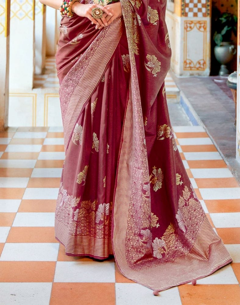 Collection of Maroon Floral Mica Print work Banaras Fancy Saree in a gallery layout