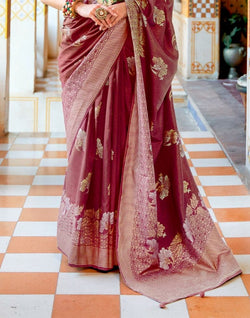 Collection of Maroon Floral Mica Print work Banaras Fancy Saree in a gallery layout