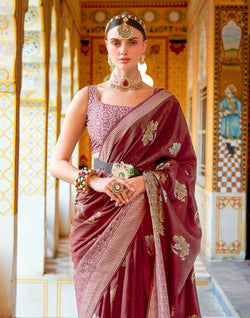 Collection of Maroon Floral Mica Print work Banaras Fancy Saree in a gallery layout