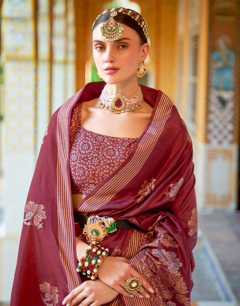 Collection of Maroon Floral Mica Print work Banaras Fancy Saree in a gallery layout