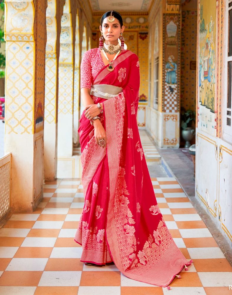 Pink Floral Mica Print work Banaras Fancy Saree