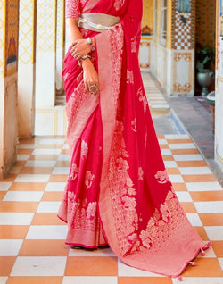 Collection of Pink Floral Mica Print work Banaras Fancy Saree in a gallery layout