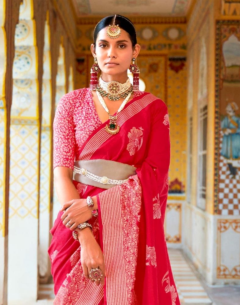 Pink Floral Mica Print work Banaras Fancy Saree