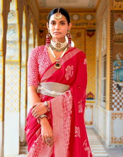 Collection of Pink Floral Mica Print work Banaras Fancy Saree in a gallery layout