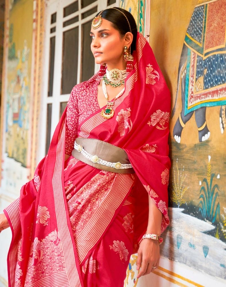 Pink Floral Mica Print work Banaras Fancy Saree