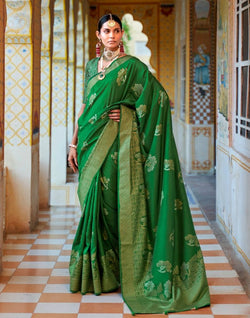 Collection of Dark Green Floral Mica Print work Banaras Fancy Saree in a gallery layout