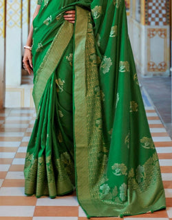 Collection of Dark Green Floral Mica Print work Banaras Fancy Saree in a gallery layout