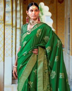 Collection of Dark Green Floral Mica Print work Banaras Fancy Saree in a gallery layout