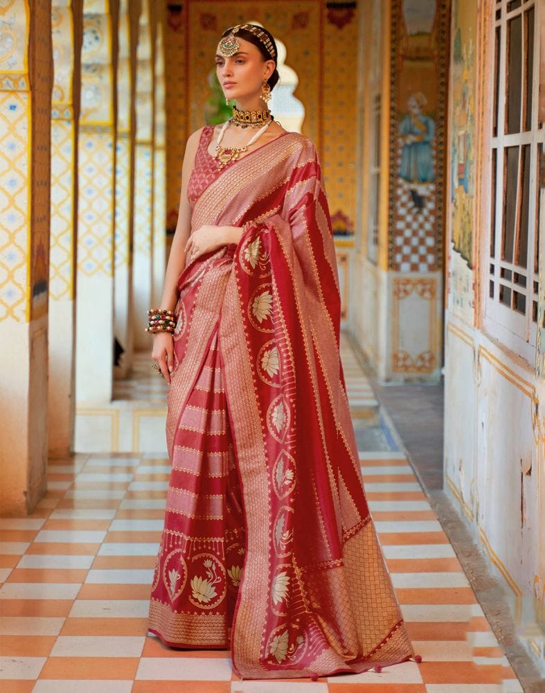 Collection of Maroon Striped Mica Print work Banaras Fancy Saree in a gallery layout