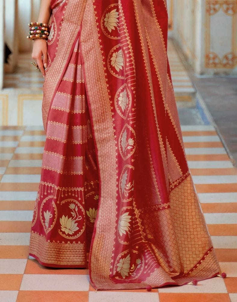 Collection of Maroon Striped Mica Print work Banaras Fancy Saree in a gallery layout