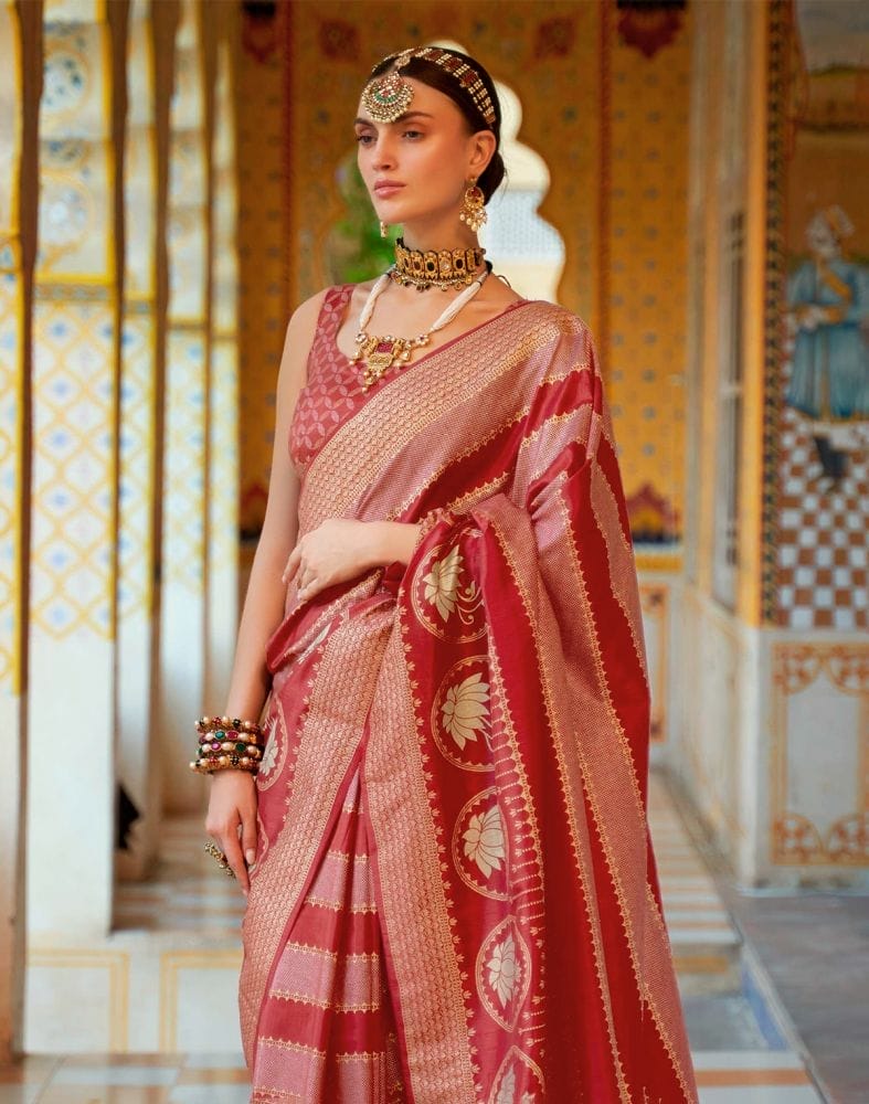 Collection of Maroon Striped Mica Print work Banaras Fancy Saree in a gallery layout