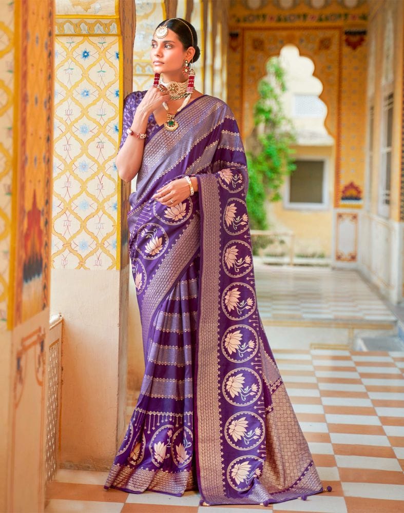 Violet Striped Mica Print work Banaras Fancy Saree