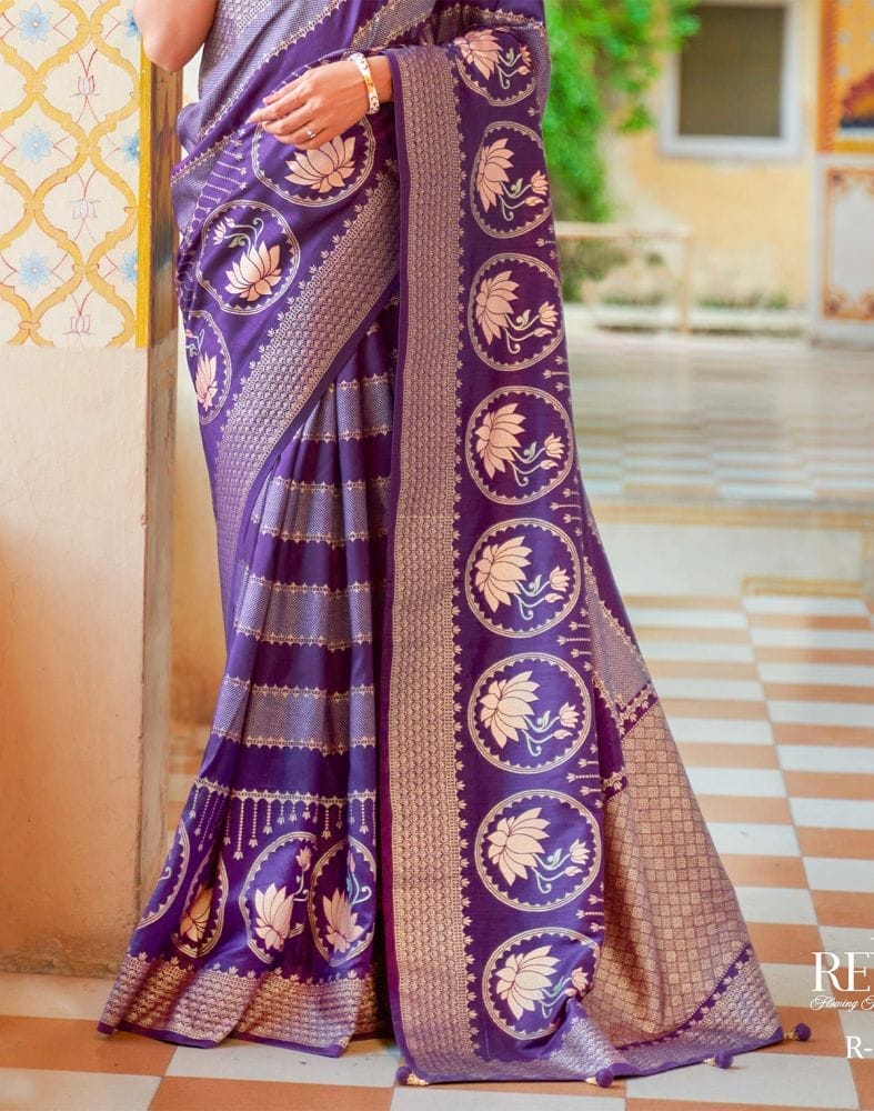 Collection of Violet Striped Mica Print work Banaras Fancy Saree in a gallery layout