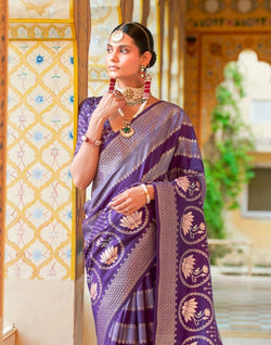 Collection of Violet Striped Mica Print work Banaras Fancy Saree in a gallery layout