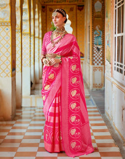 Collection of Pink Striped Mica Print work Banaras Fancy Saree in a gallery layout