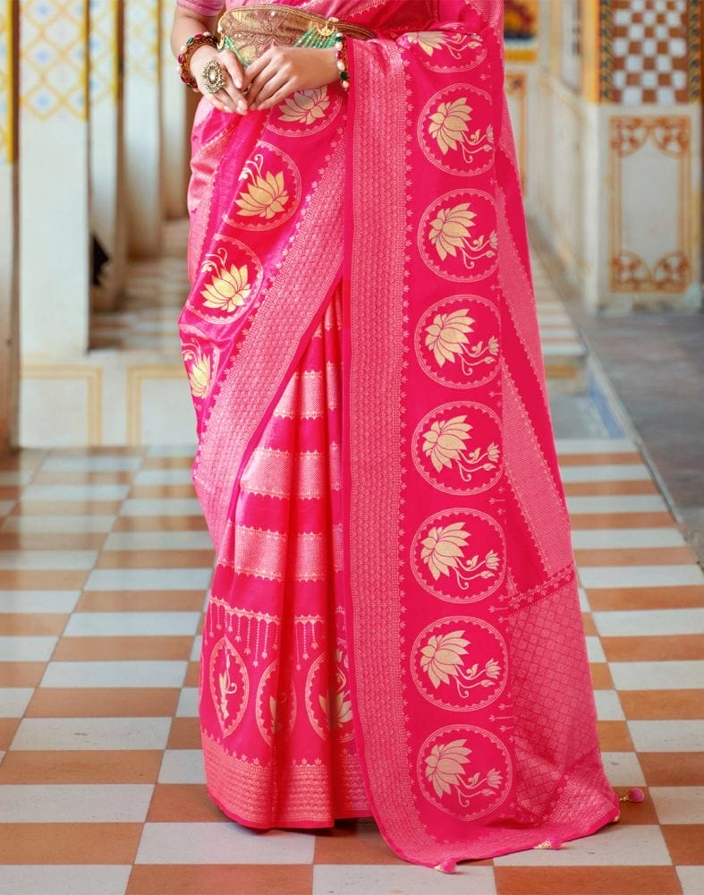 Pink Striped Mica Print work Banaras Fancy Saree