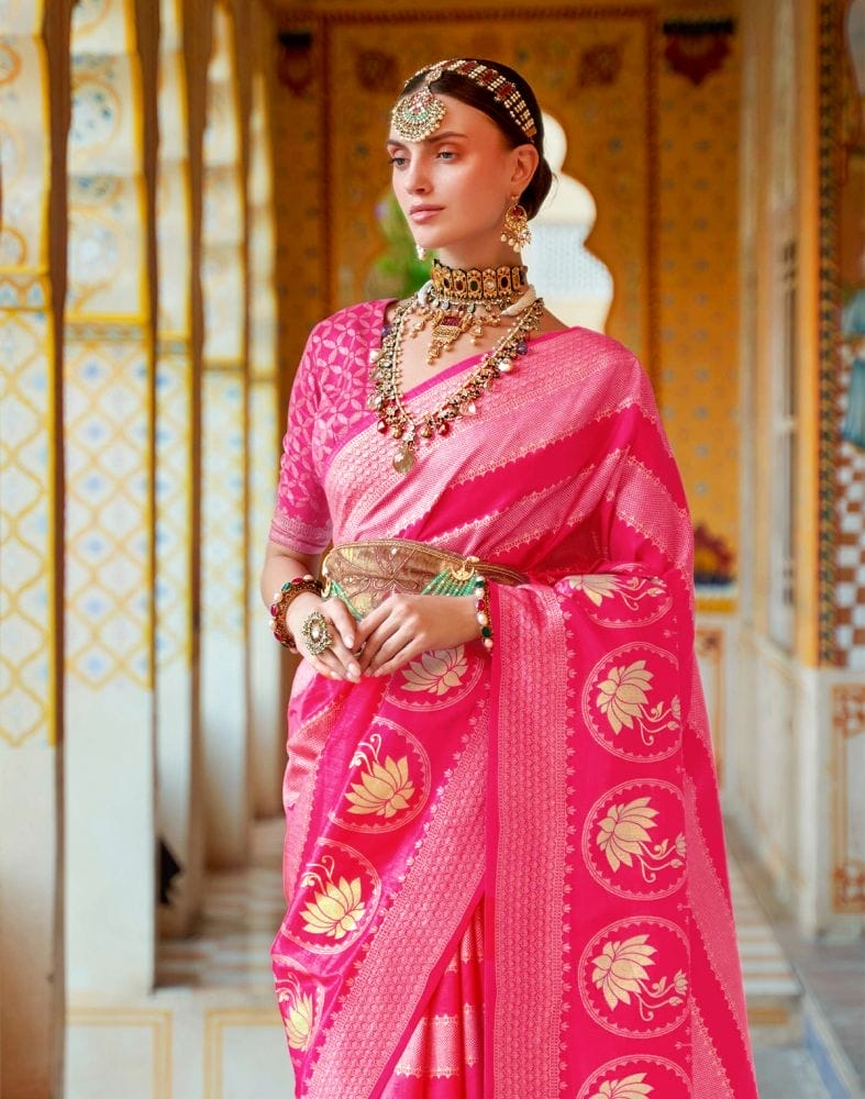 Collection of Pink Striped Mica Print work Banaras Fancy Saree in a gallery layout