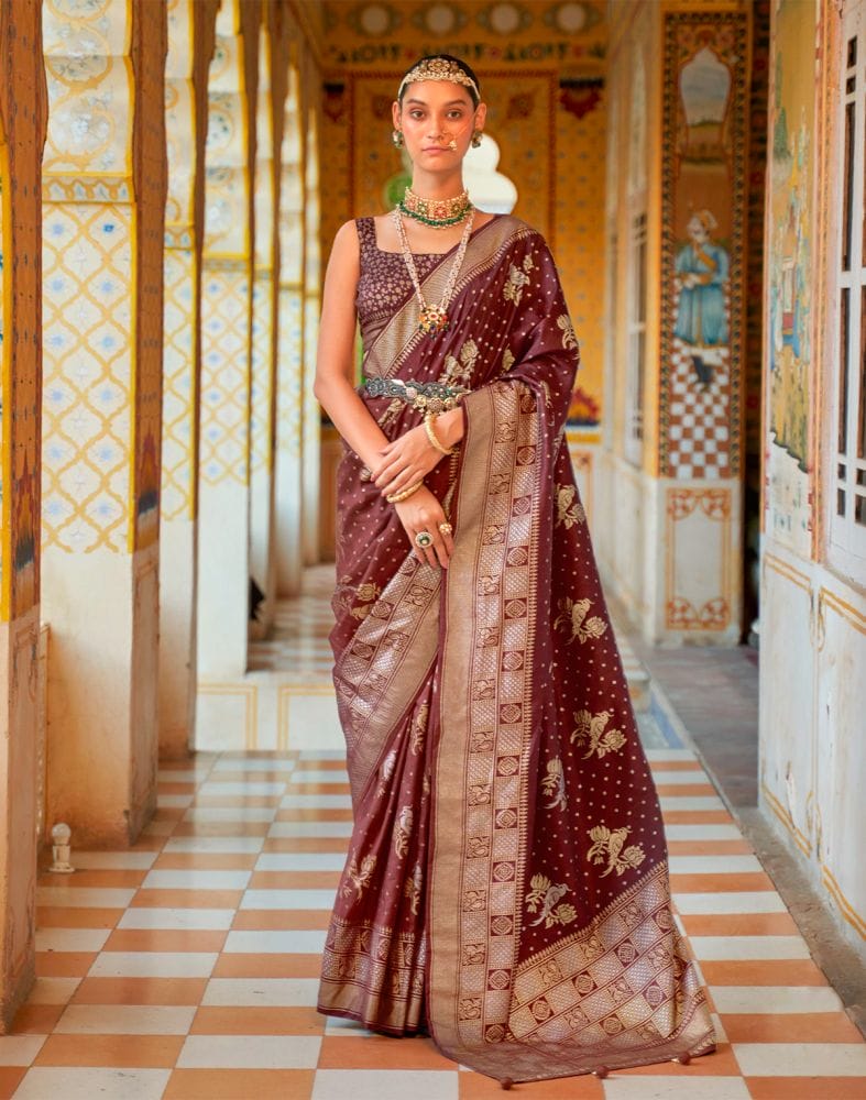 Collection of Coffee Brown Novelty Mica Print work Banaras Fancy Saree in a gallery layout