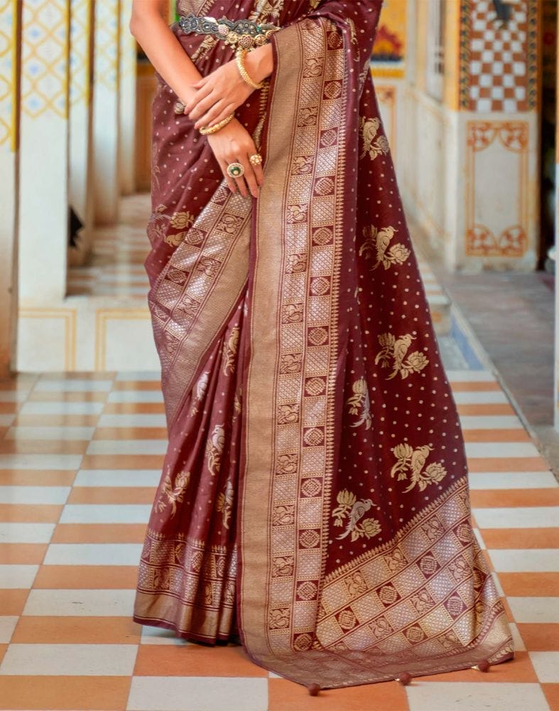 Collection of Coffee Brown Novelty Mica Print work Banaras Fancy Saree in a gallery layout