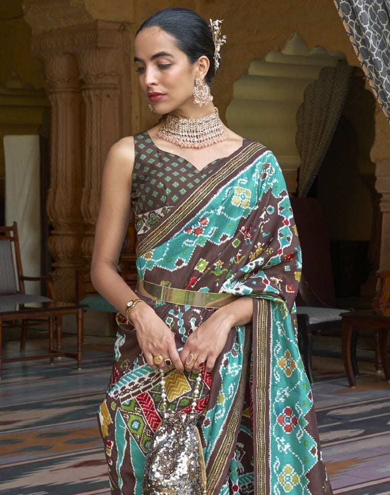 Stylish Brown Ikat Print Patola Saree