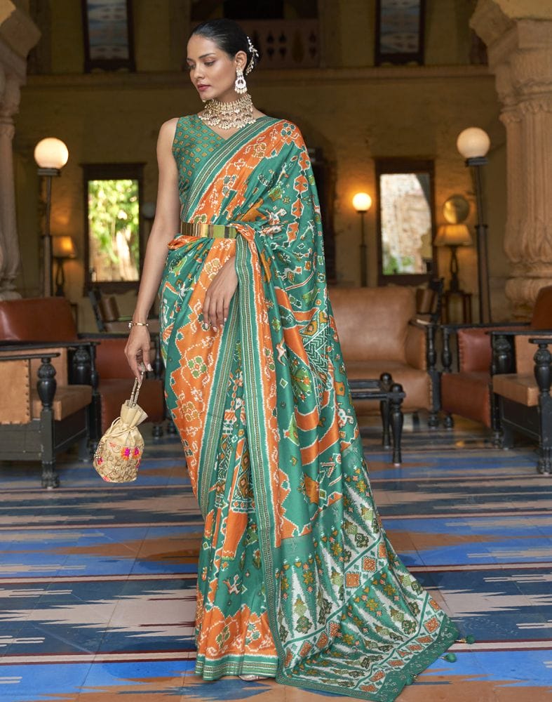 Admiral Green Ikat Patola Silk Fabric Saree