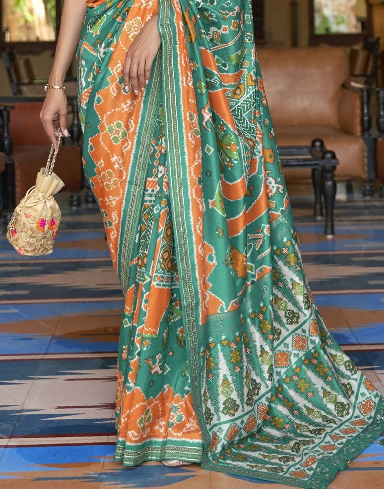 Admiral Green Ikat Patola Silk Fabric Saree