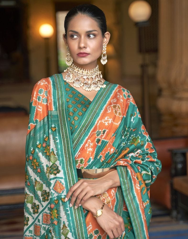 Admiral Green Ikat Patola Silk Fabric Saree