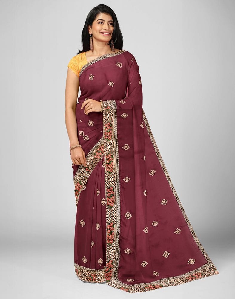 Floral Pattern Maroon Colour Embroidery work Satin Saree