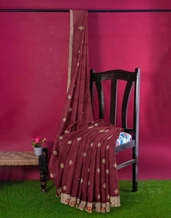 Collection of Floral Pattern Maroon Colour Embroidery work Satin Saree in a gallery layout