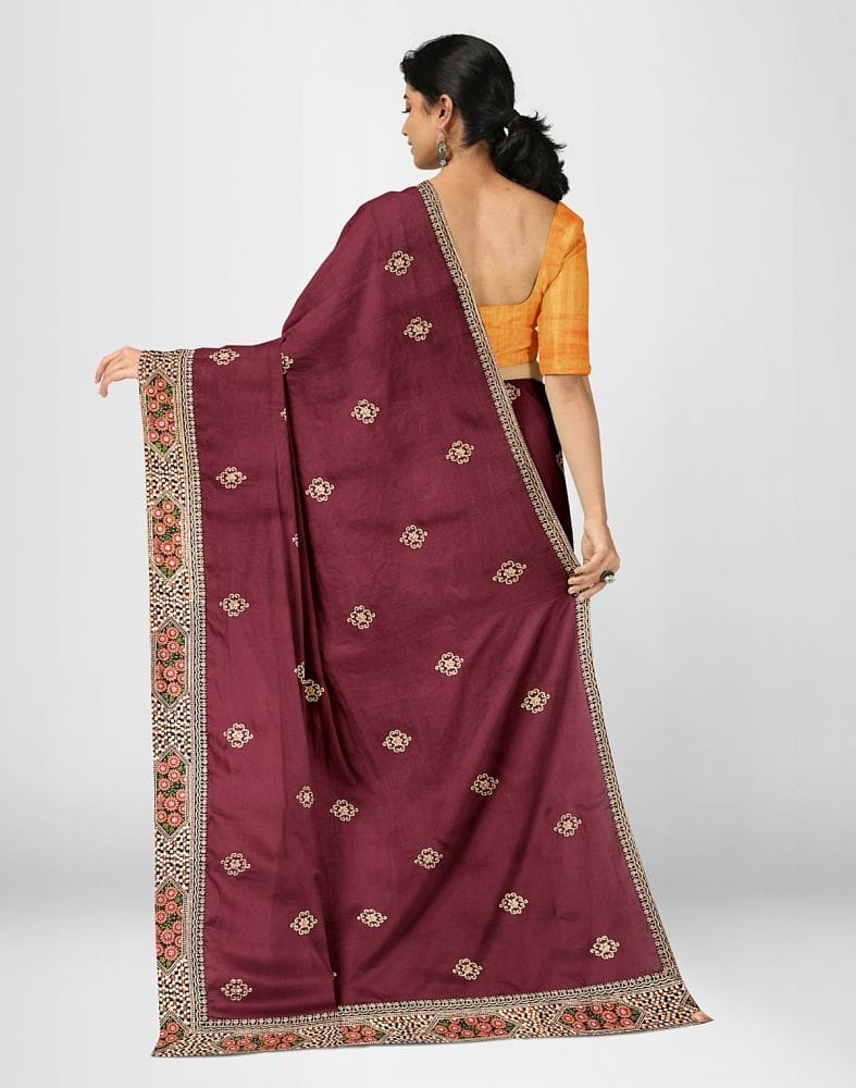 Collection of Floral Pattern Maroon Colour Embroidery work Satin Saree in a gallery layout