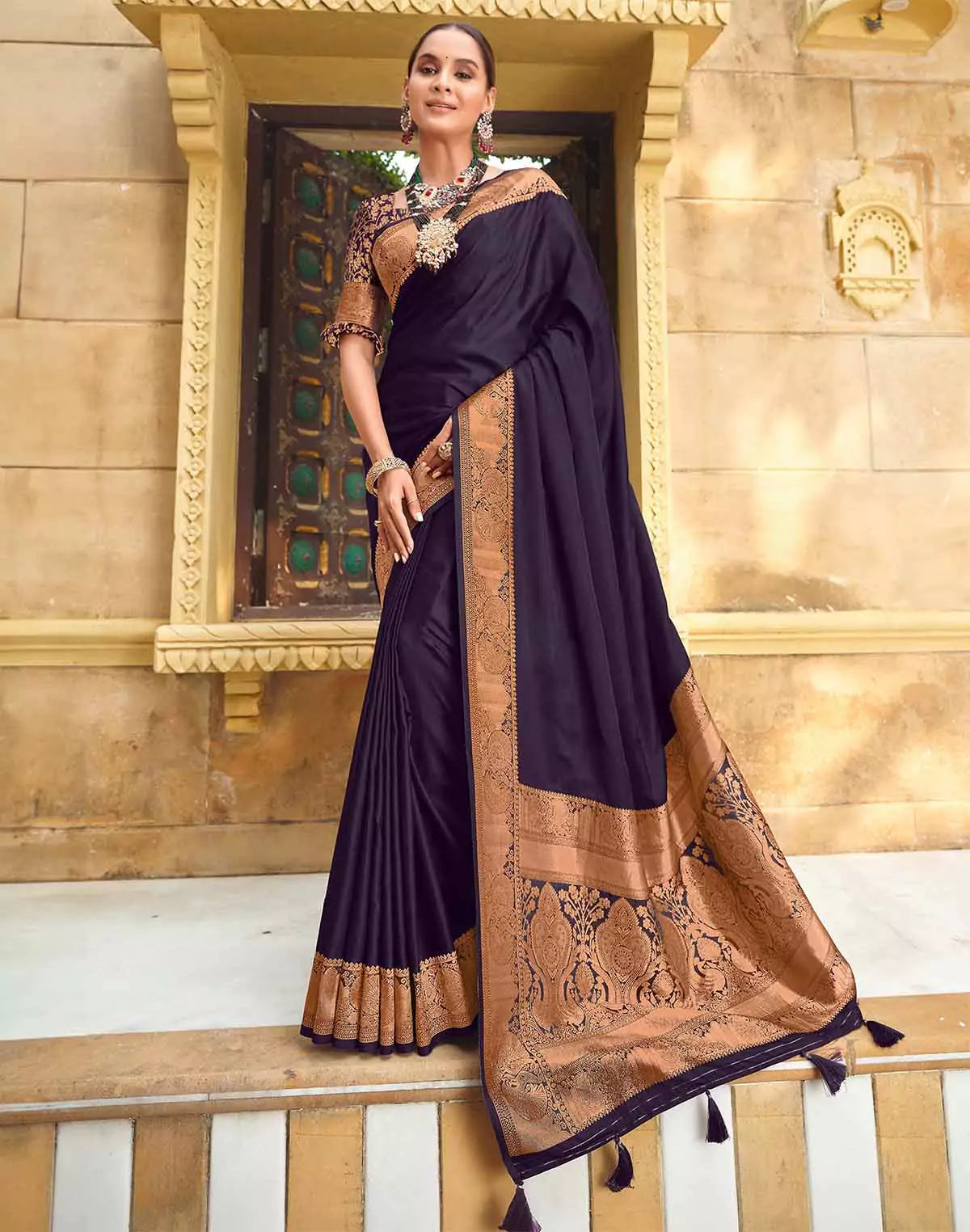 Dark Purple Satin  Party Wear Saree with Elegant Border