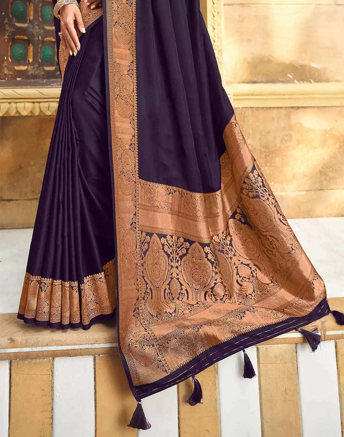 Collection of Dark Purple Satin  Party Wear Saree with Elegant Border in a gallery layout