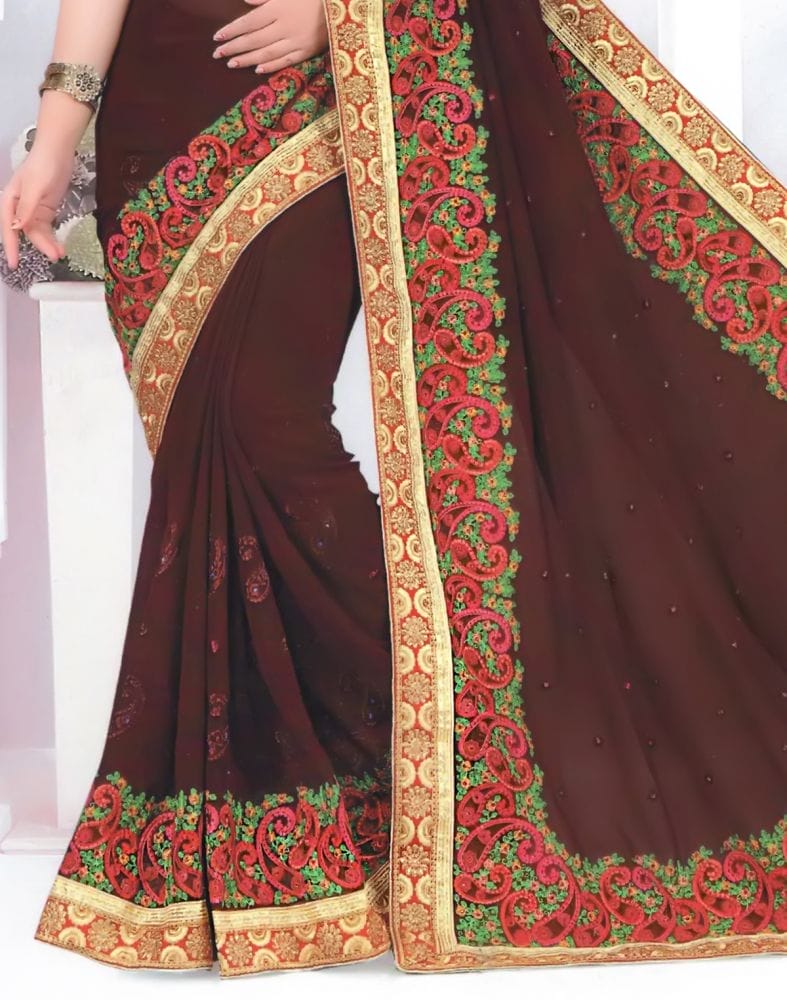 Collection of Brown Paisley Georgette Embroidery Saree in a gallery layout