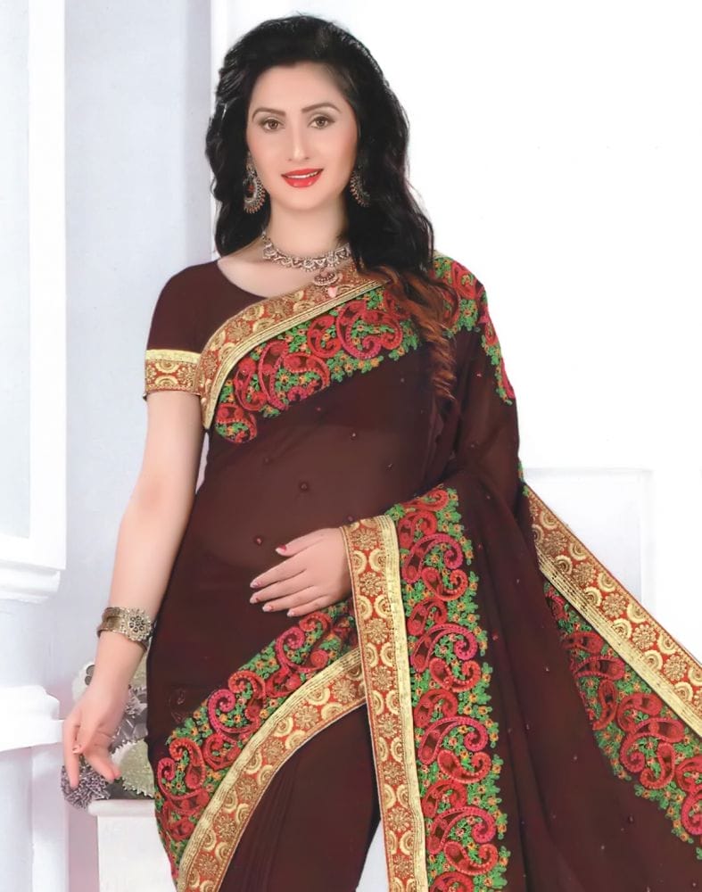 Collection of Brown Paisley Georgette Embroidery Saree in a gallery layout