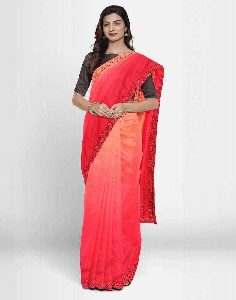 Collection of Red Plain Stones work Crape Saree in a gallery layout