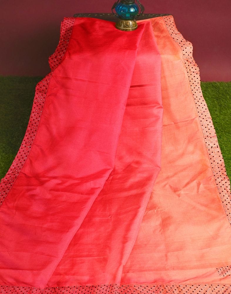 Red Plain Stones work Crape Saree