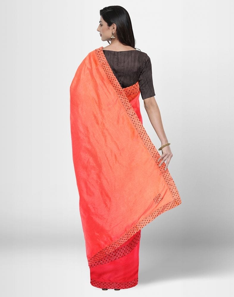 Red Plain Stones work Crape Saree