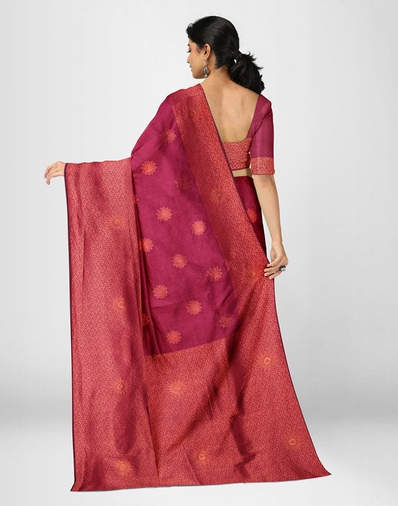 Collection of Maroon Floral Butta Banaras Fancy Saree in a gallery layout