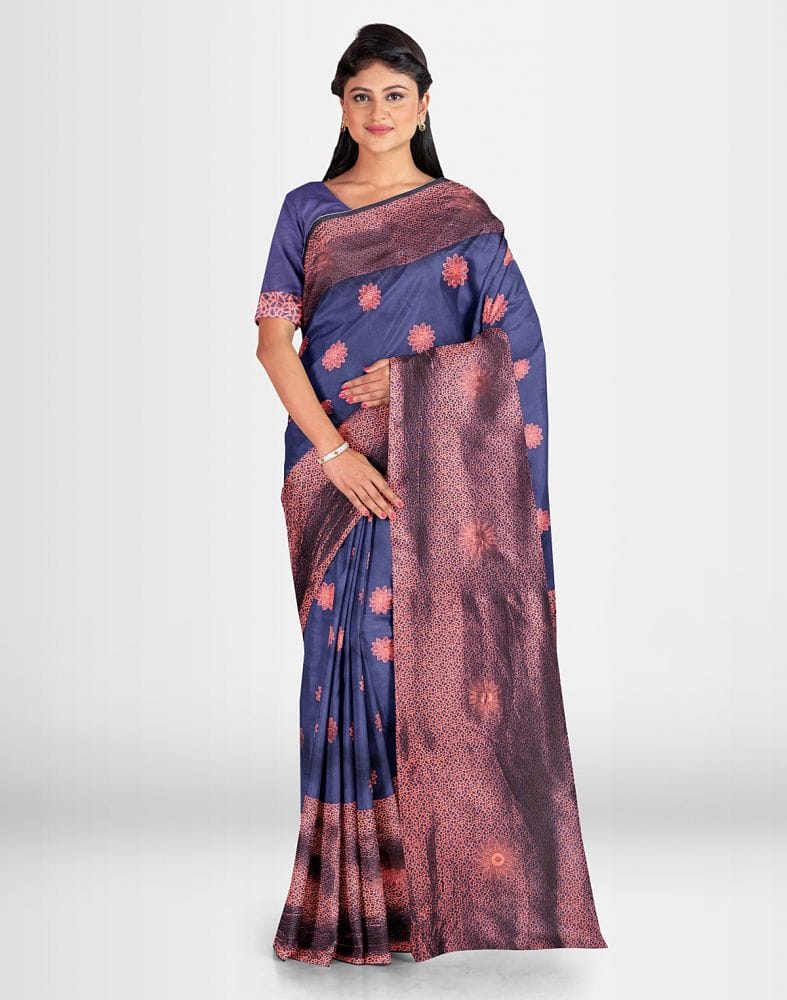 Navy Blue Floral Butta Banaras Fancy Saree