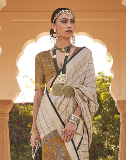 Collection of Beige Checks Pattern Soft Silk Half and Half Saree in a gallery layout