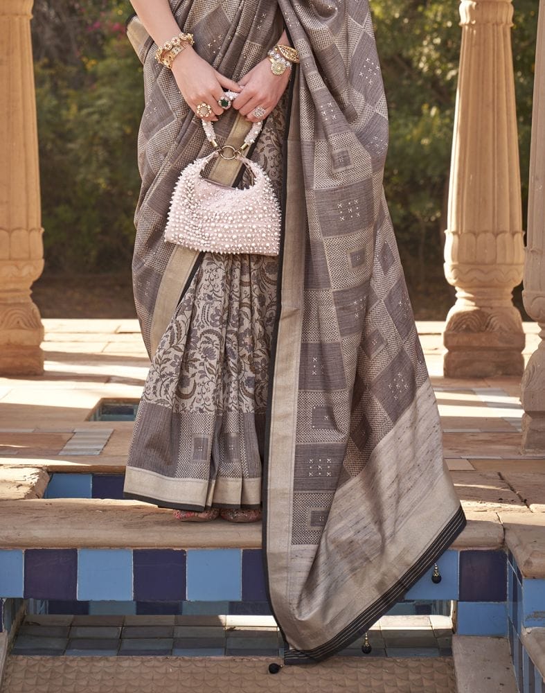 Collection of Grey Checkered Print Soft Silk Half and Half Saree in a gallery layout