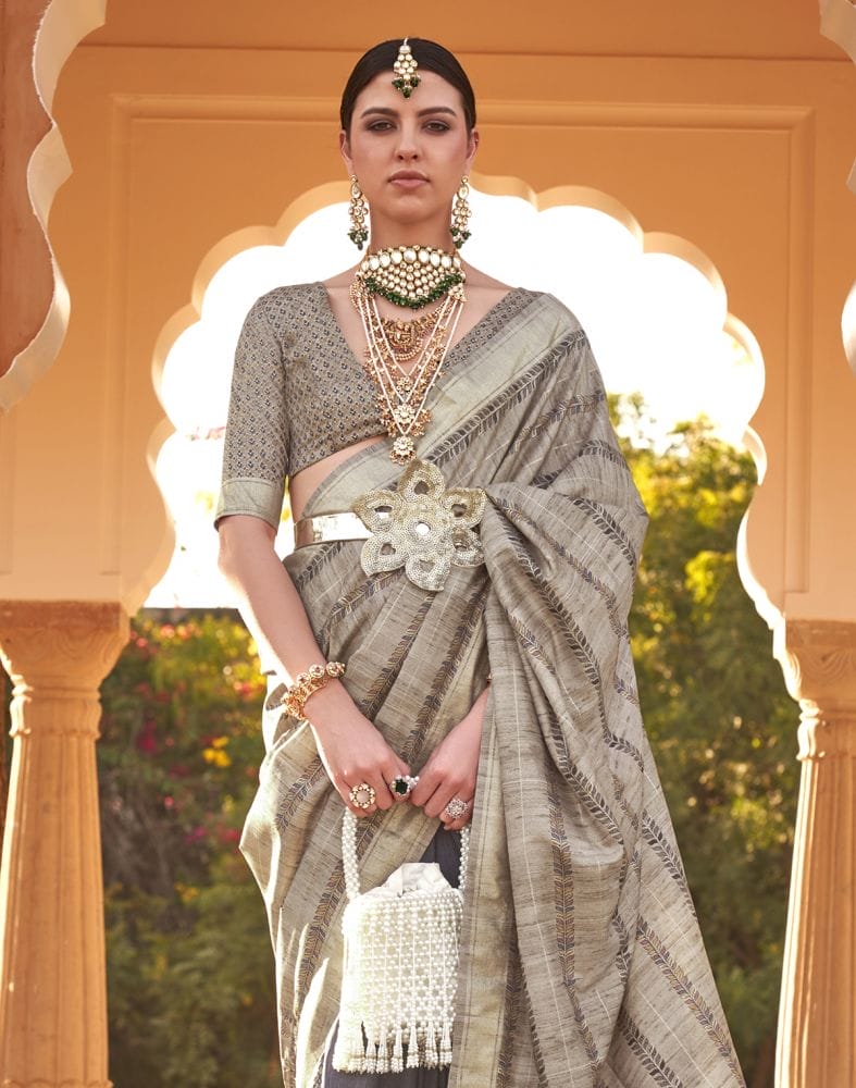 Collection of Beige Botanical Print Soft Silk Half and Half Saree in a gallery layout