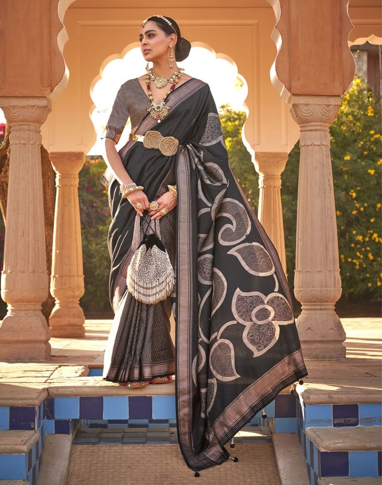 Black Chevron Print Half and Half Soft Silk Saree