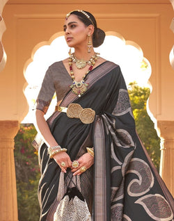 Collection of Black Chevron Print Half and Half Soft Silk Saree in a gallery layout