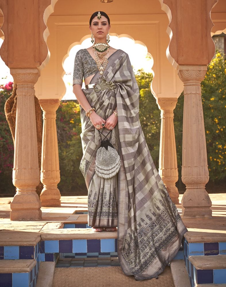 Collection of Beige Geometric Print Soft Silk Half and Half Saree in a gallery layout